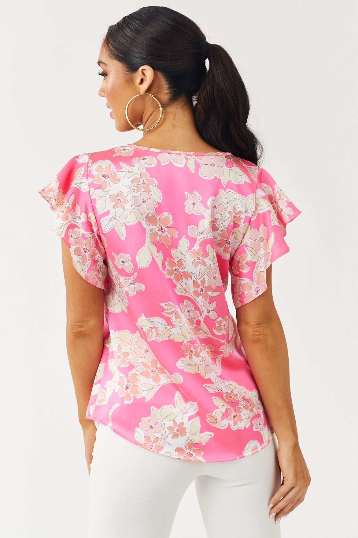 Hot Pink Floral Print Silky Woven Top