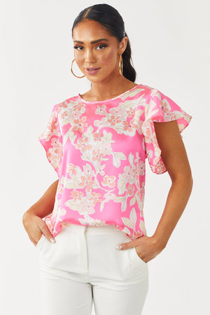Hot Pink Floral Print Silky Woven Top