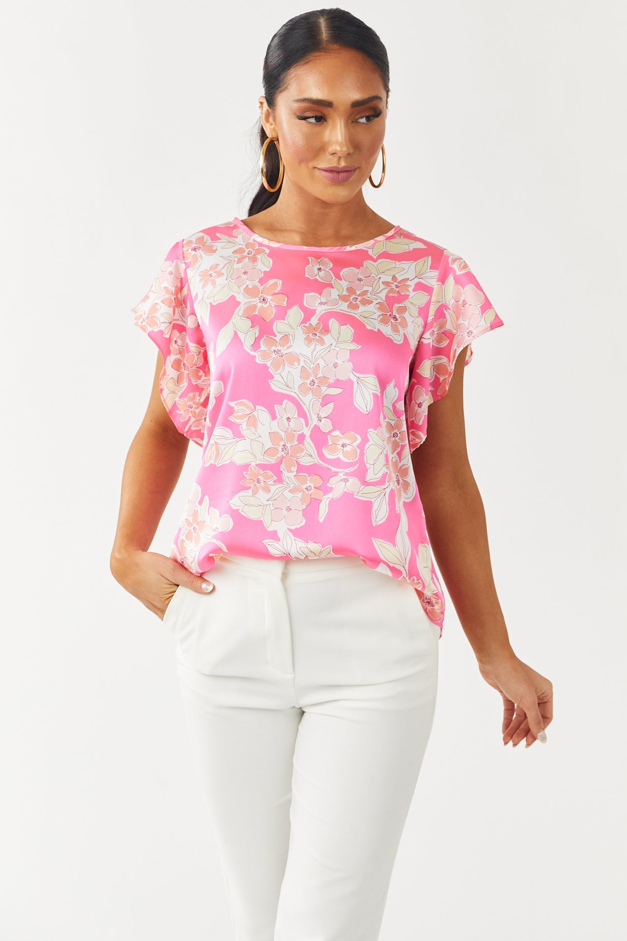 Hot Pink Floral Print Silky Woven Top