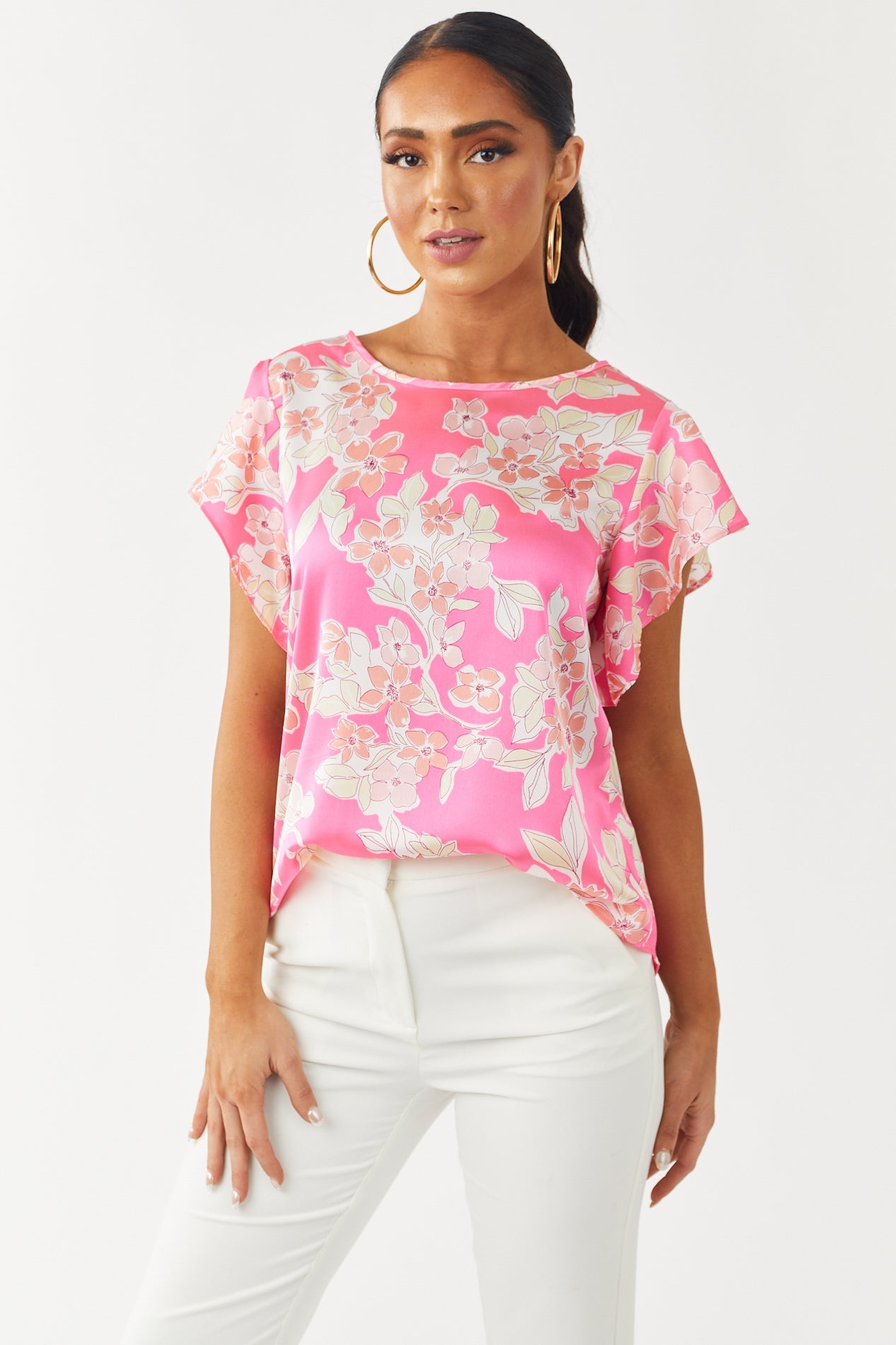 Hot Pink Floral Print Silky Woven Top