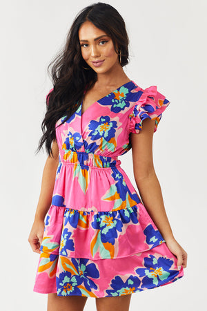 Hot Pink Floral Ruffle Sleeve Surplice Dress