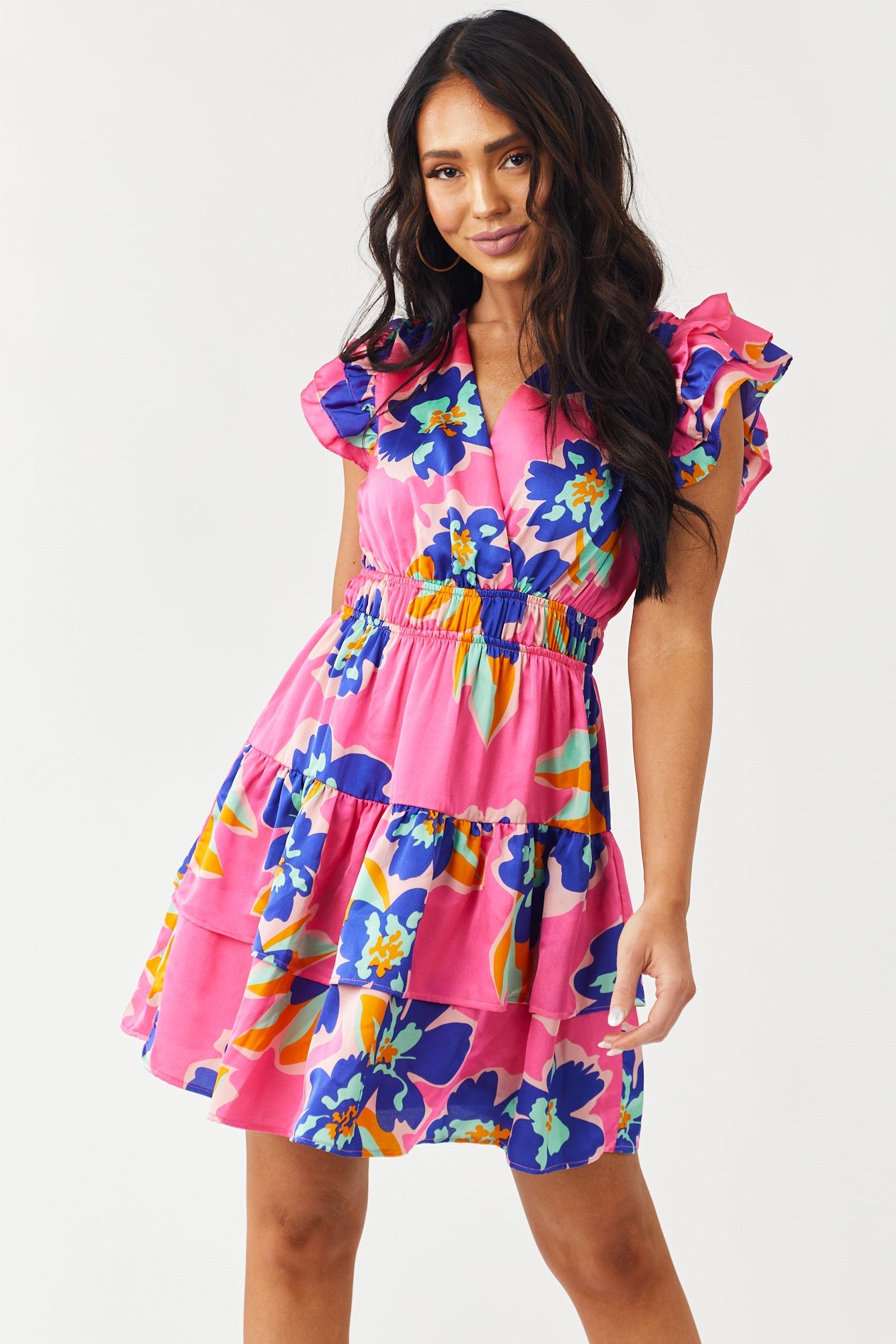 Hot Pink Floral Ruffle Sleeve Surplice Dress
