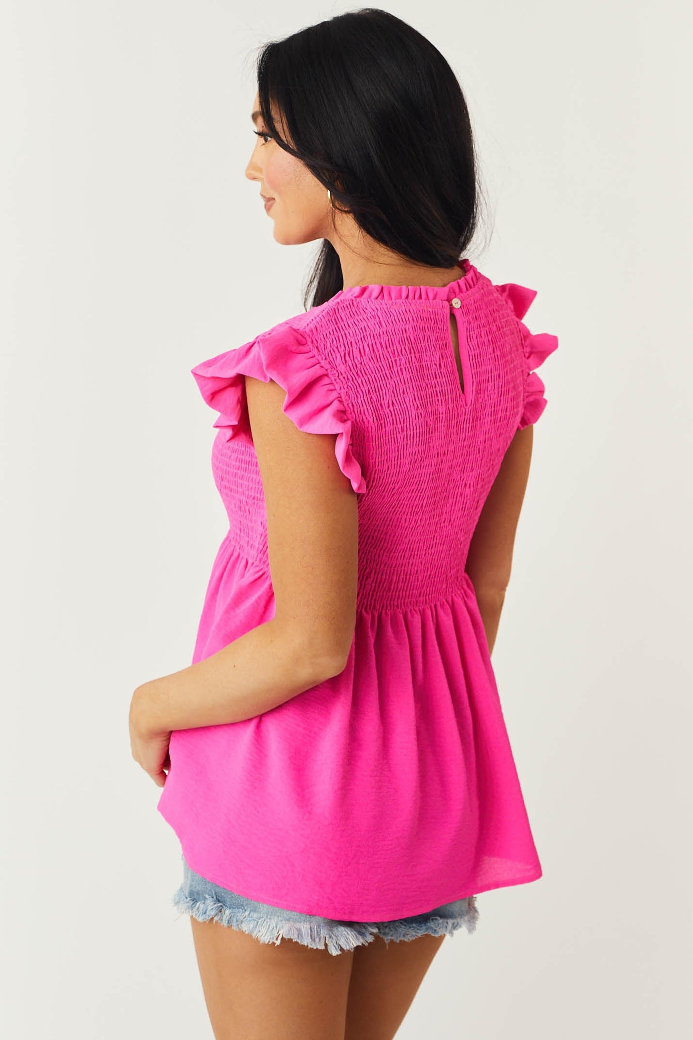 Hot Pink Frill Sleeve Smocked V Neck Blouse