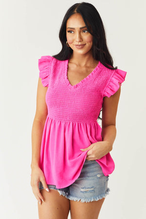 Hot Pink Frill Sleeve Smocked V Neck Blouse