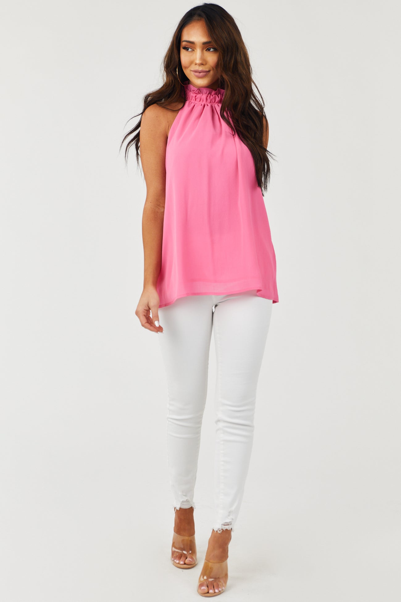 Hot Pink Frilled Halter Neck Chiffon Tank Top