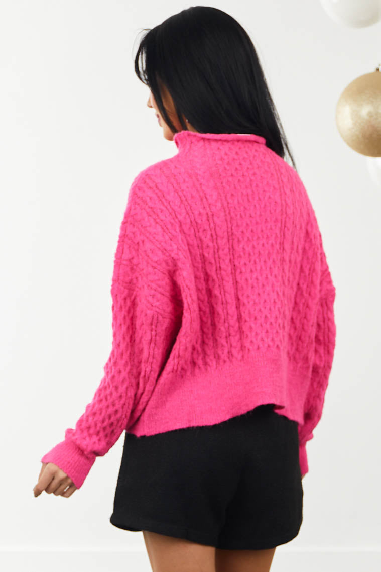Hot Pink Fuzzy Cable Knit Funnel Neck Sweater
