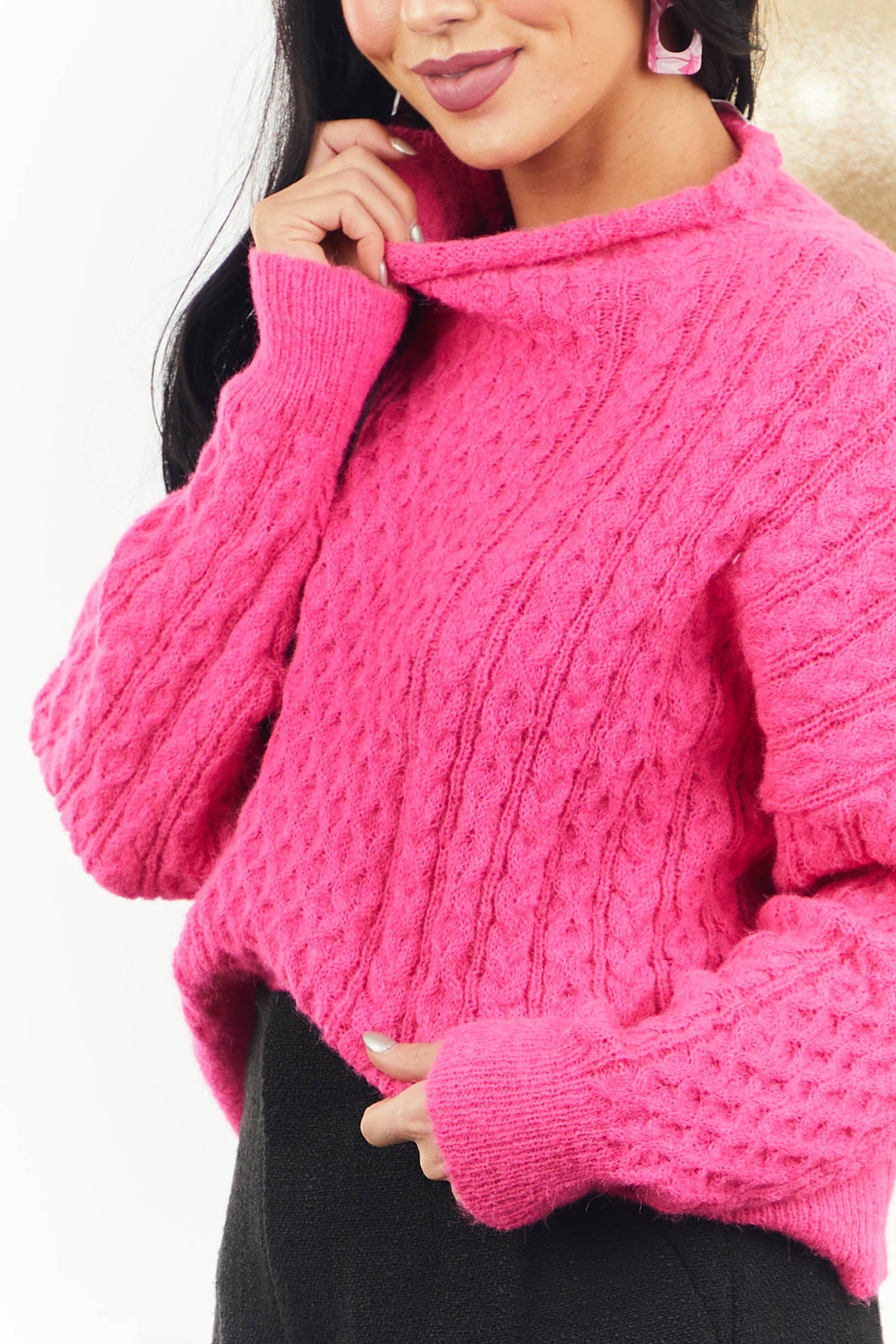 Hot Pink Fuzzy Cable Knit Funnel Neck Sweater
