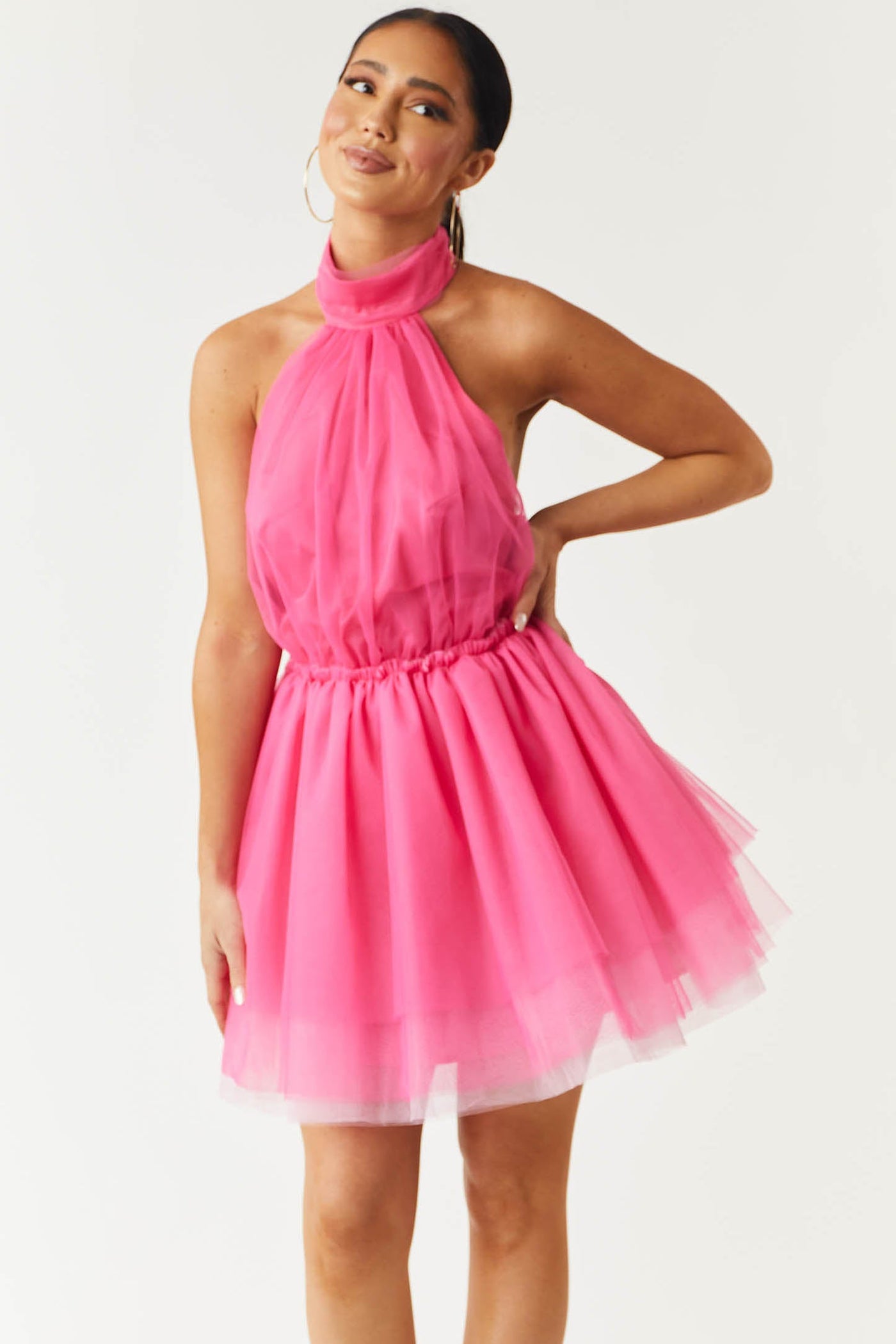 Hot Pink Halter Neck Tie Layered Tulle Dress