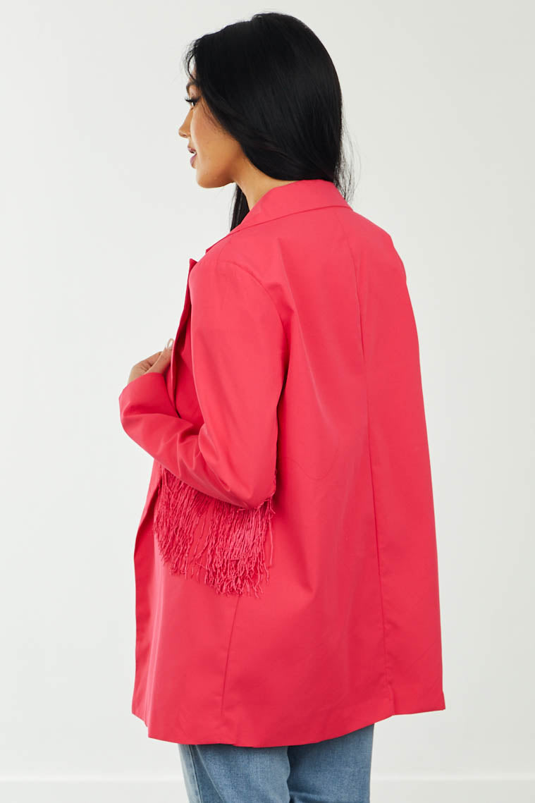 Hot Pink Lapel Neck Blazer with Fringe Trim