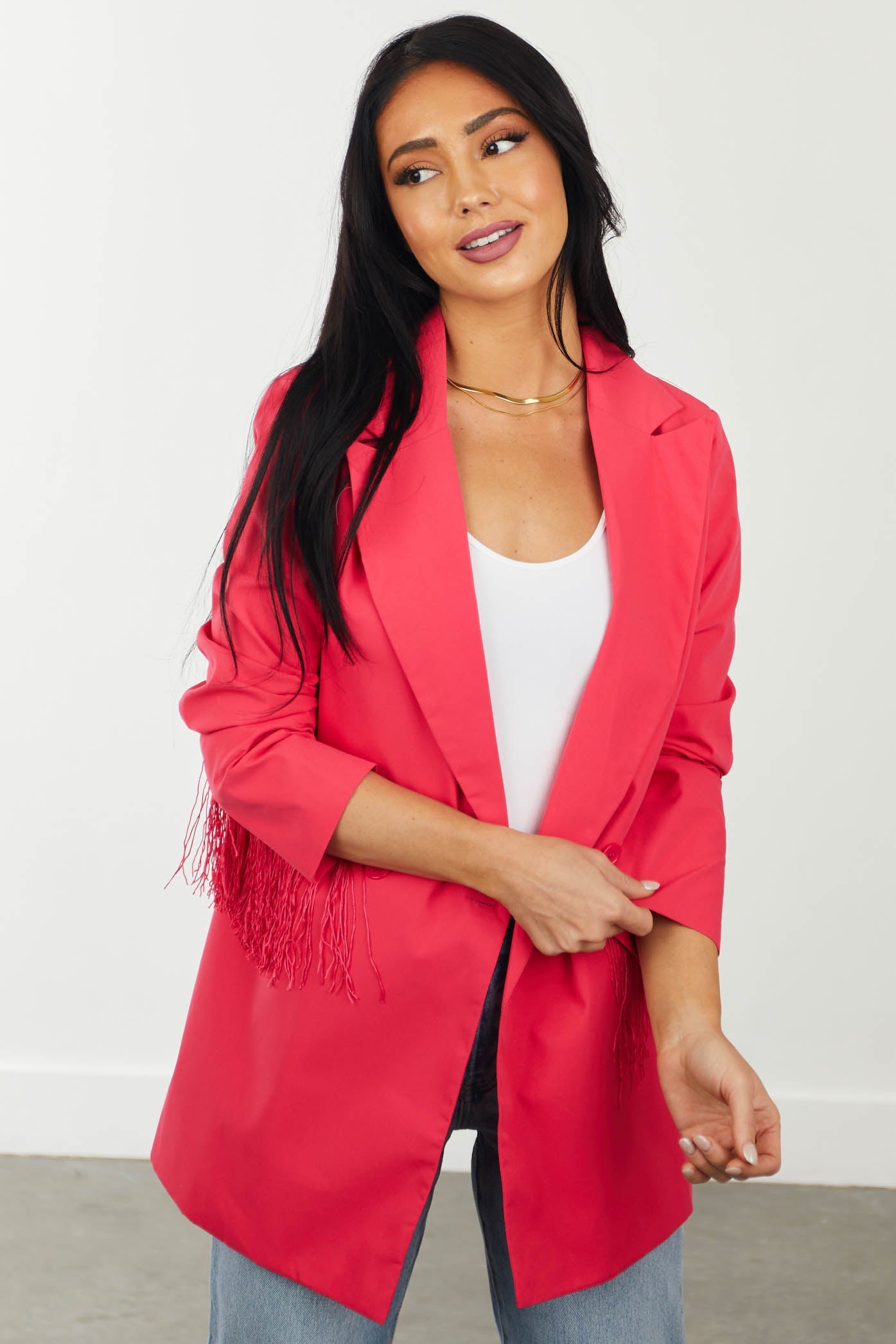 Hot Pink Lapel Neck Blazer with Fringe Trim
