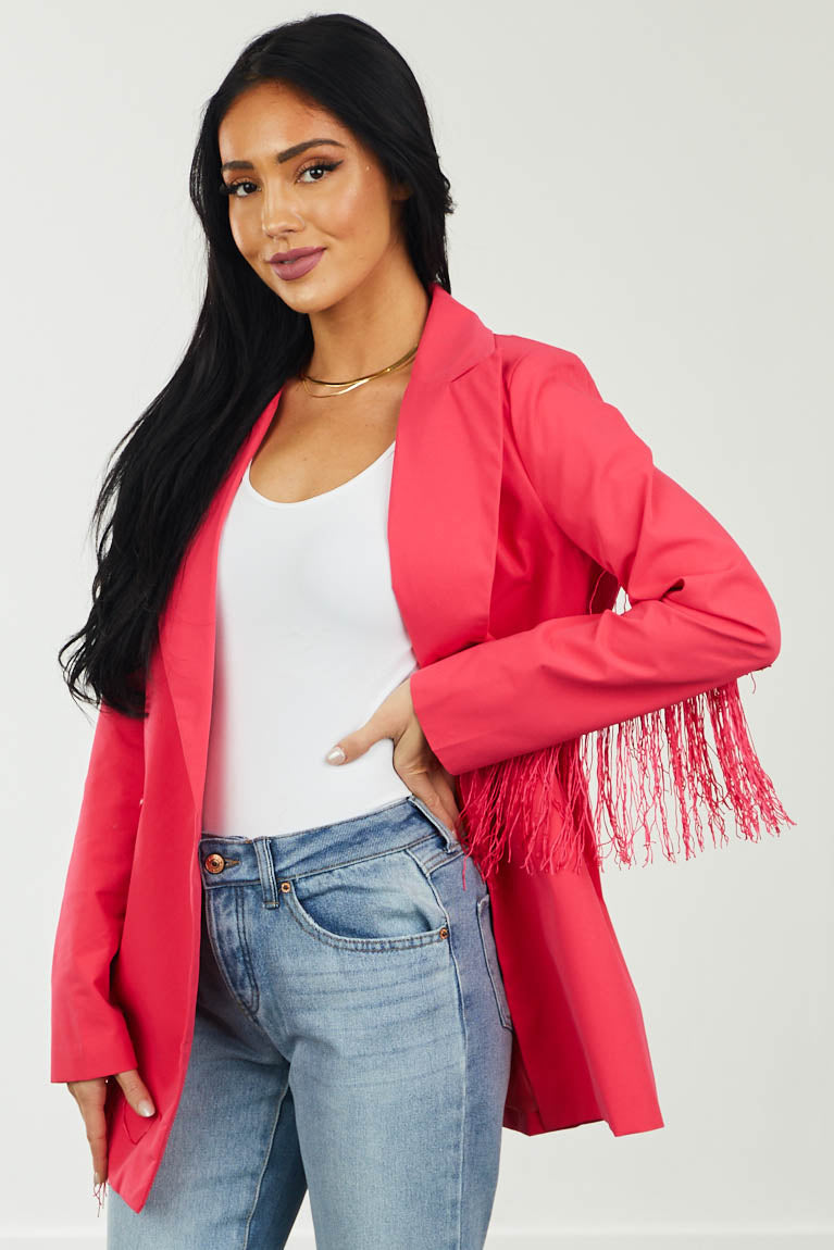Hot Pink Lapel Neck Blazer with Fringe Trim