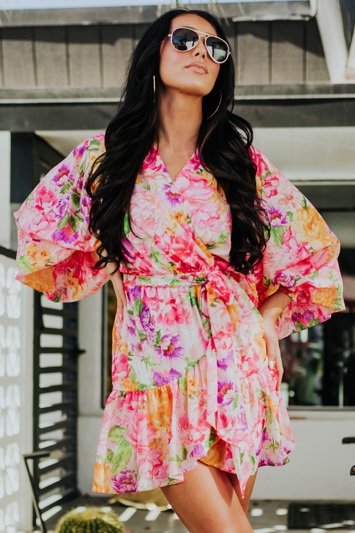 Hot Pink Multicolor Floral Print Mini Dress