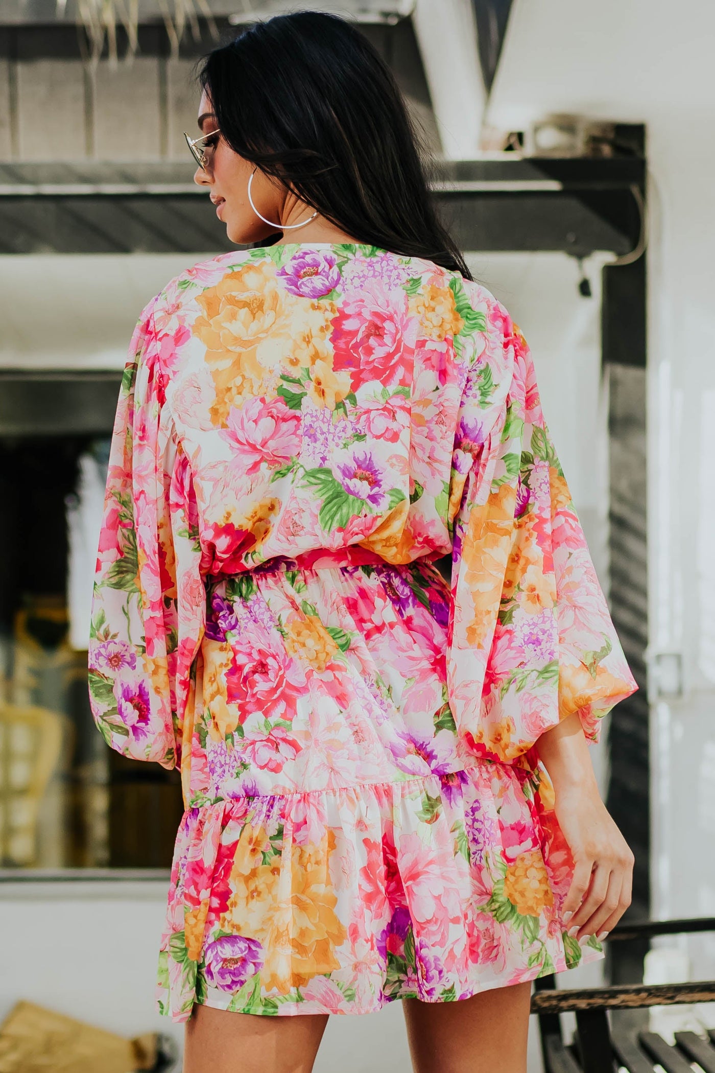 Hot Pink Multicolor Floral Print Mini Dress