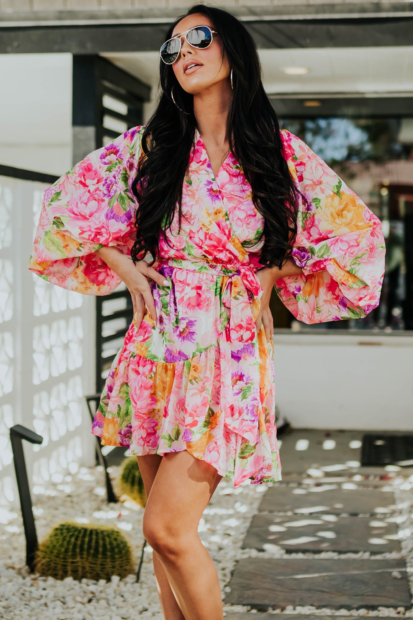 Hot Pink Multicolor Floral Print Mini Dress