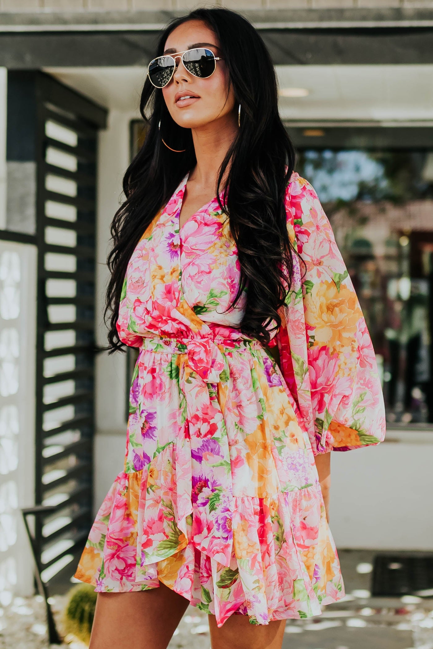 Hot Pink Multicolor Floral Print Mini Dress