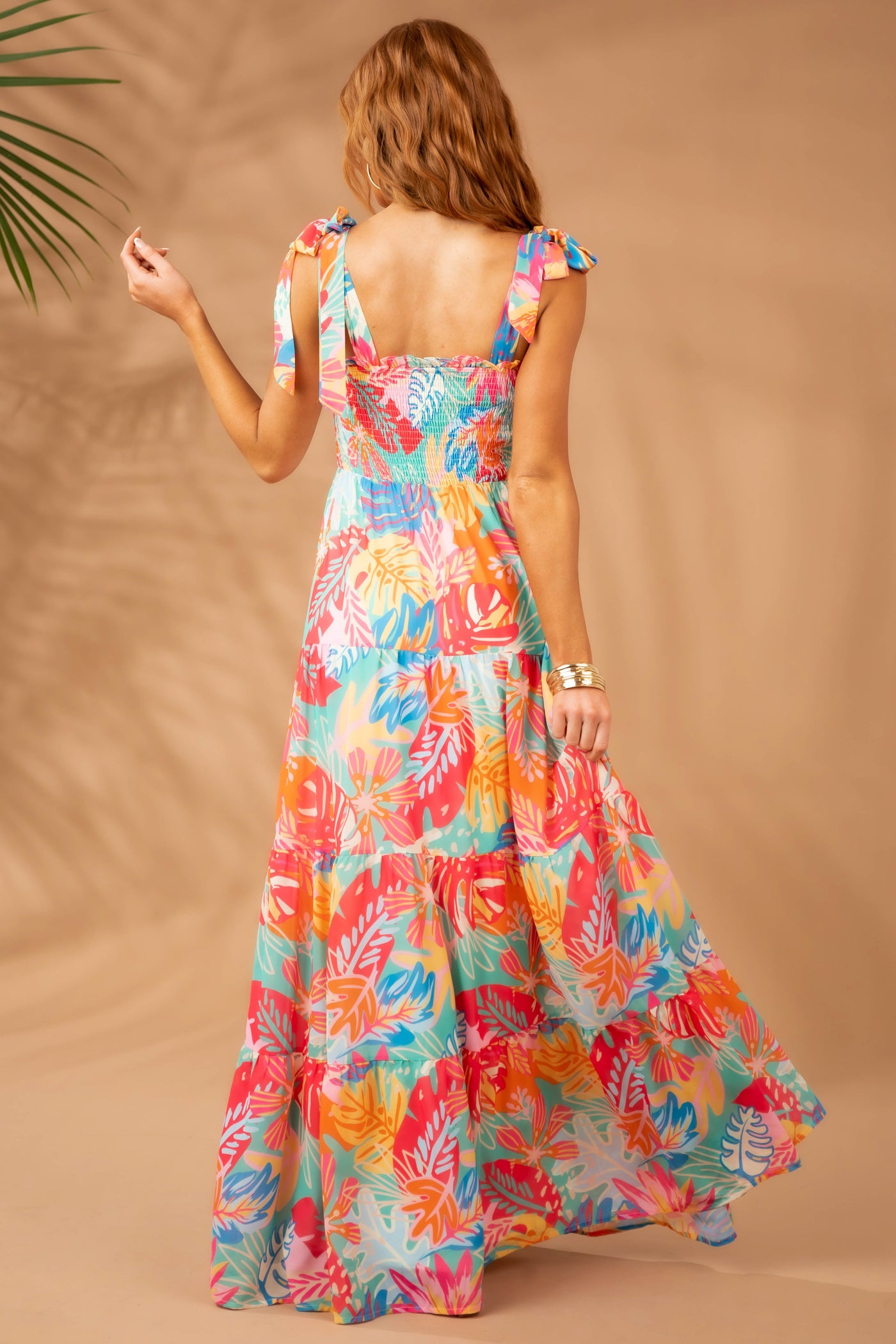 Hot Pink Multicolor Tropical Smocked Maxi Dress