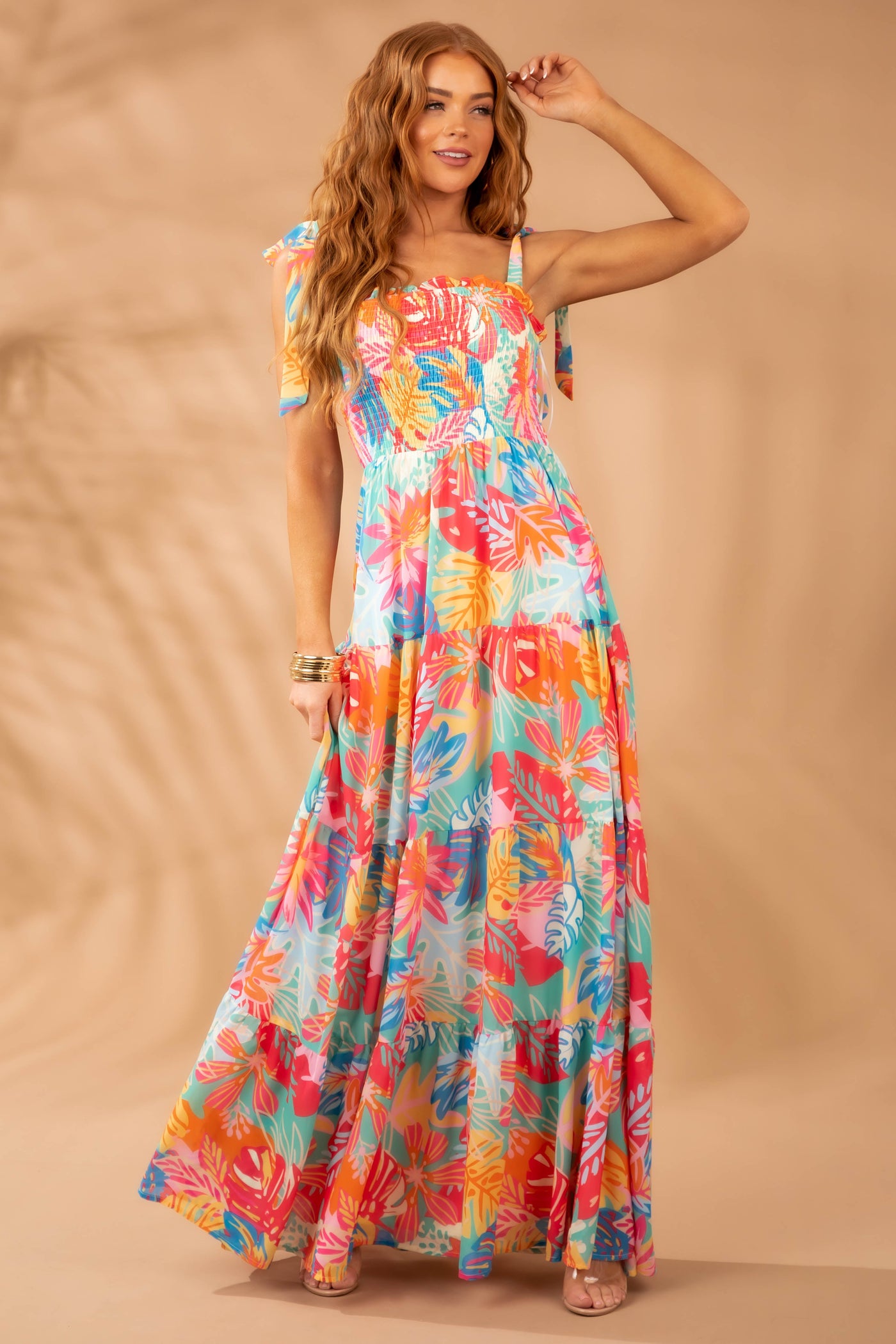 Hot Pink Multicolor Tropical Smocked Maxi Dress