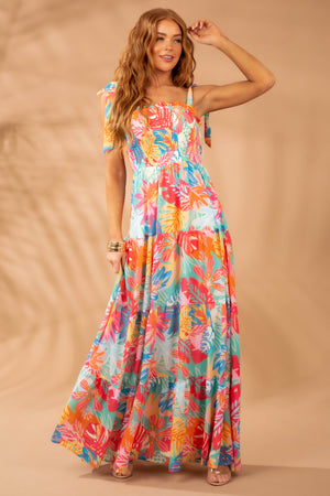 Hot Pink Multicolor Tropical Smocked Maxi Dress