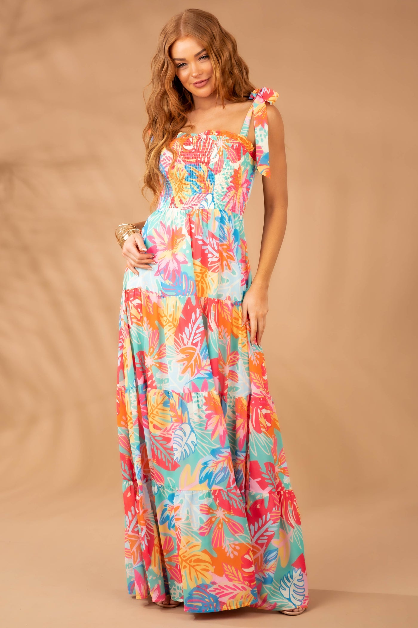 Hot Pink Multicolor Tropical Smocked Maxi Dress