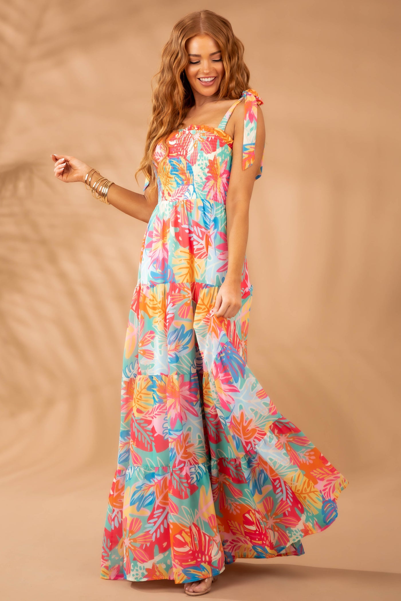 Hot Pink Multicolor Tropical Smocked Maxi Dress