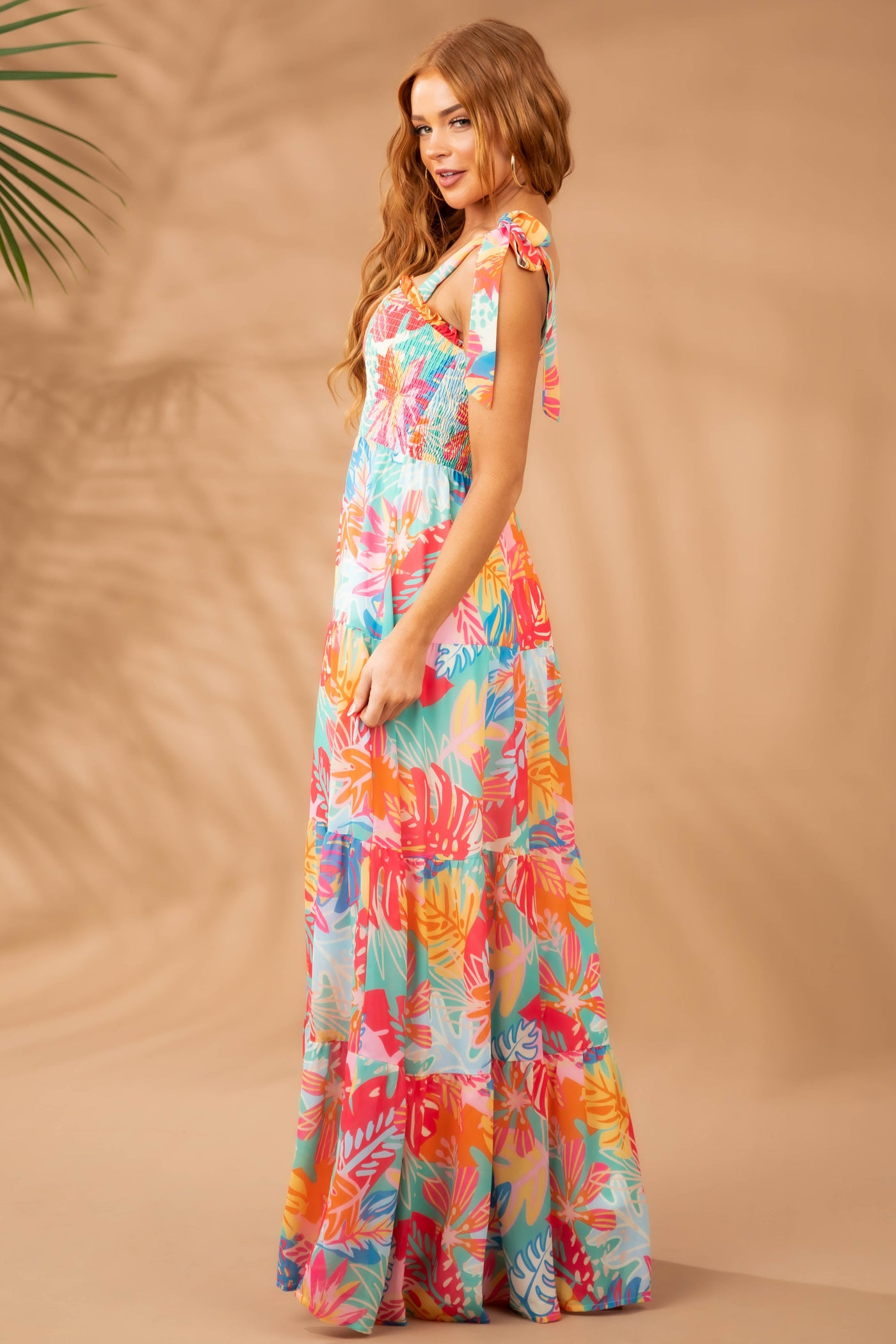 Hot Pink Multicolor Tropical Smocked Maxi Dress