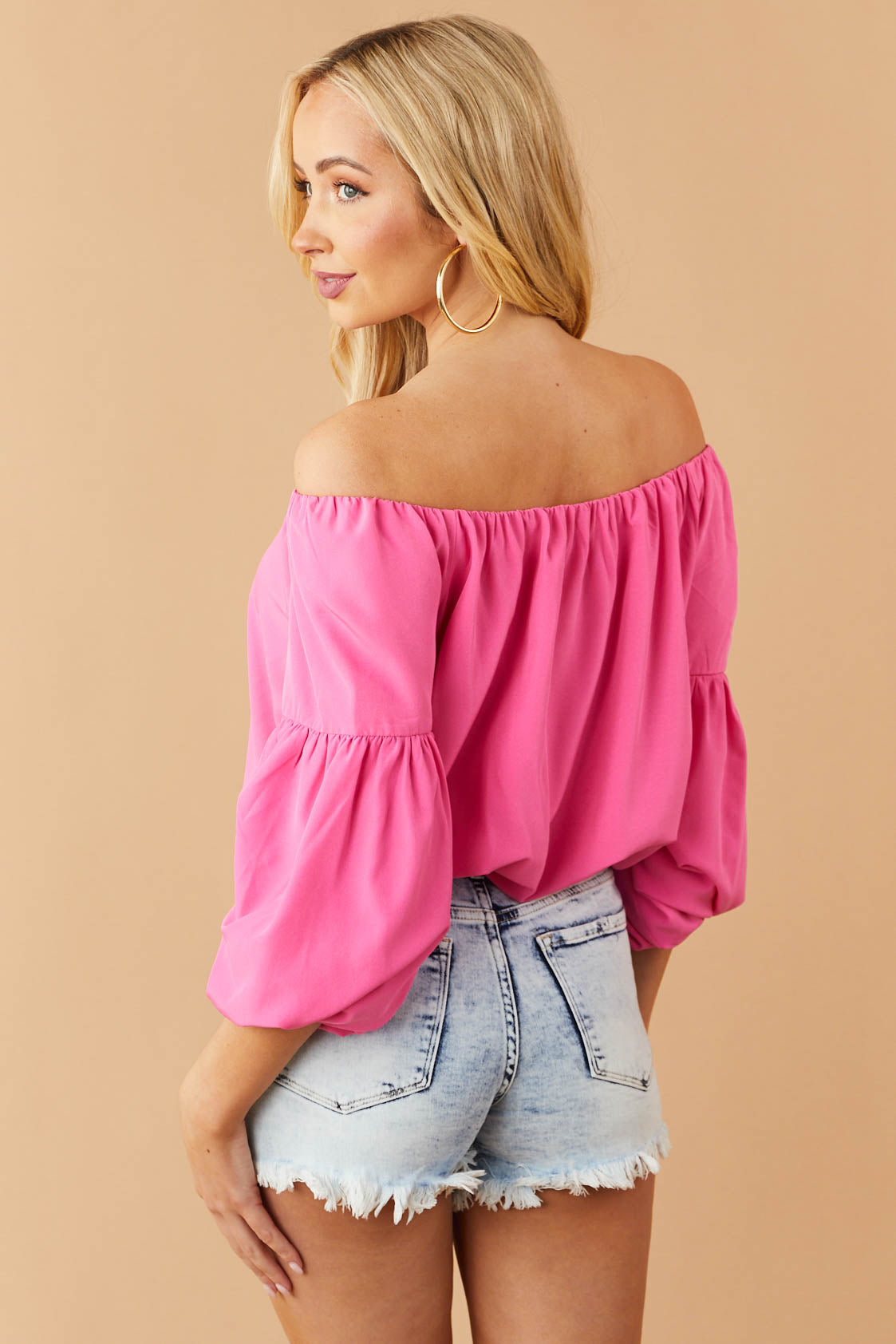 Hot Pink Off Shoulder Blouse with Long Puff Sleeves