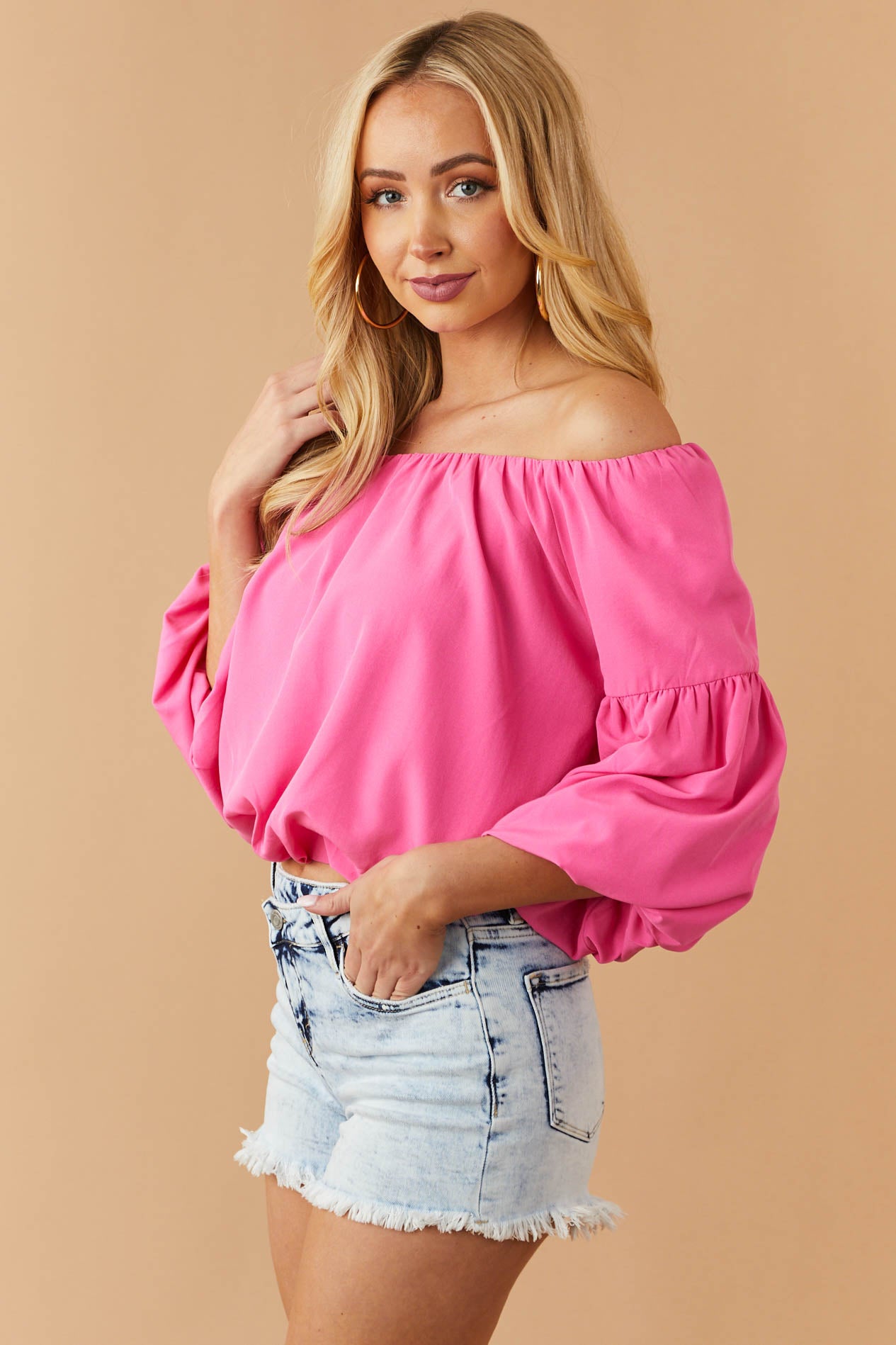 Hot Pink Off Shoulder Blouse with Long Puff Sleeves