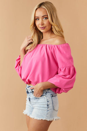 Hot Pink Off Shoulder Blouse with Long Puff Sleeves