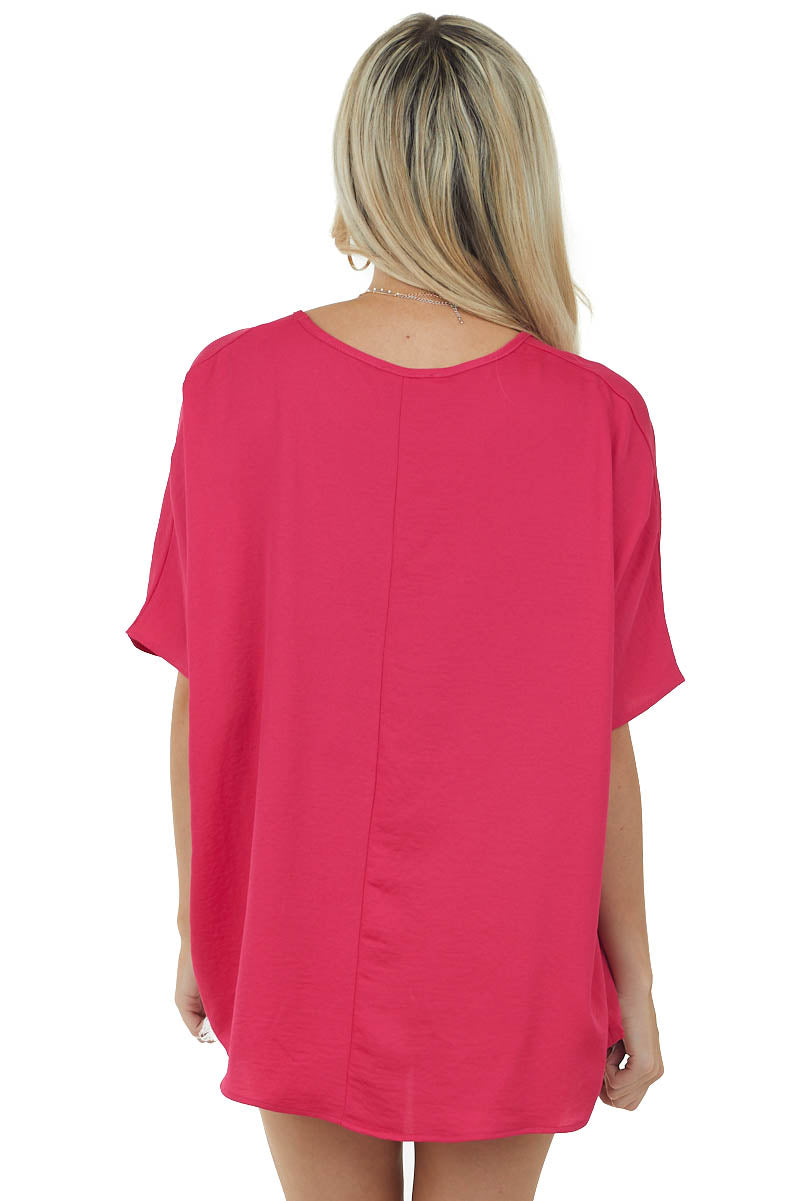Hot Pink Oversized Chest Pocket V Neck Blouse