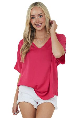 Hot Pink Oversized Chest Pocket V Neck Blouse