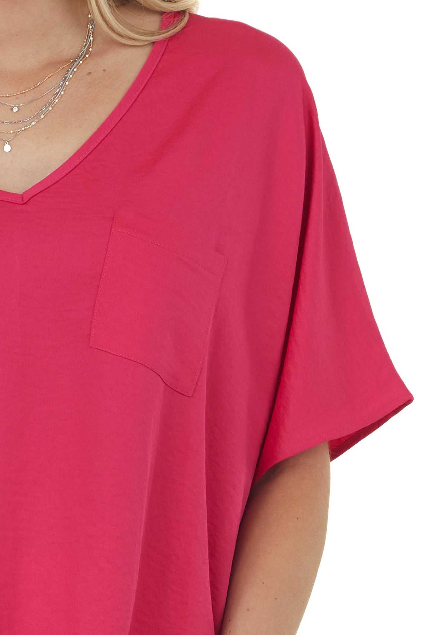 Hot Pink Oversized Chest Pocket V Neck Blouse