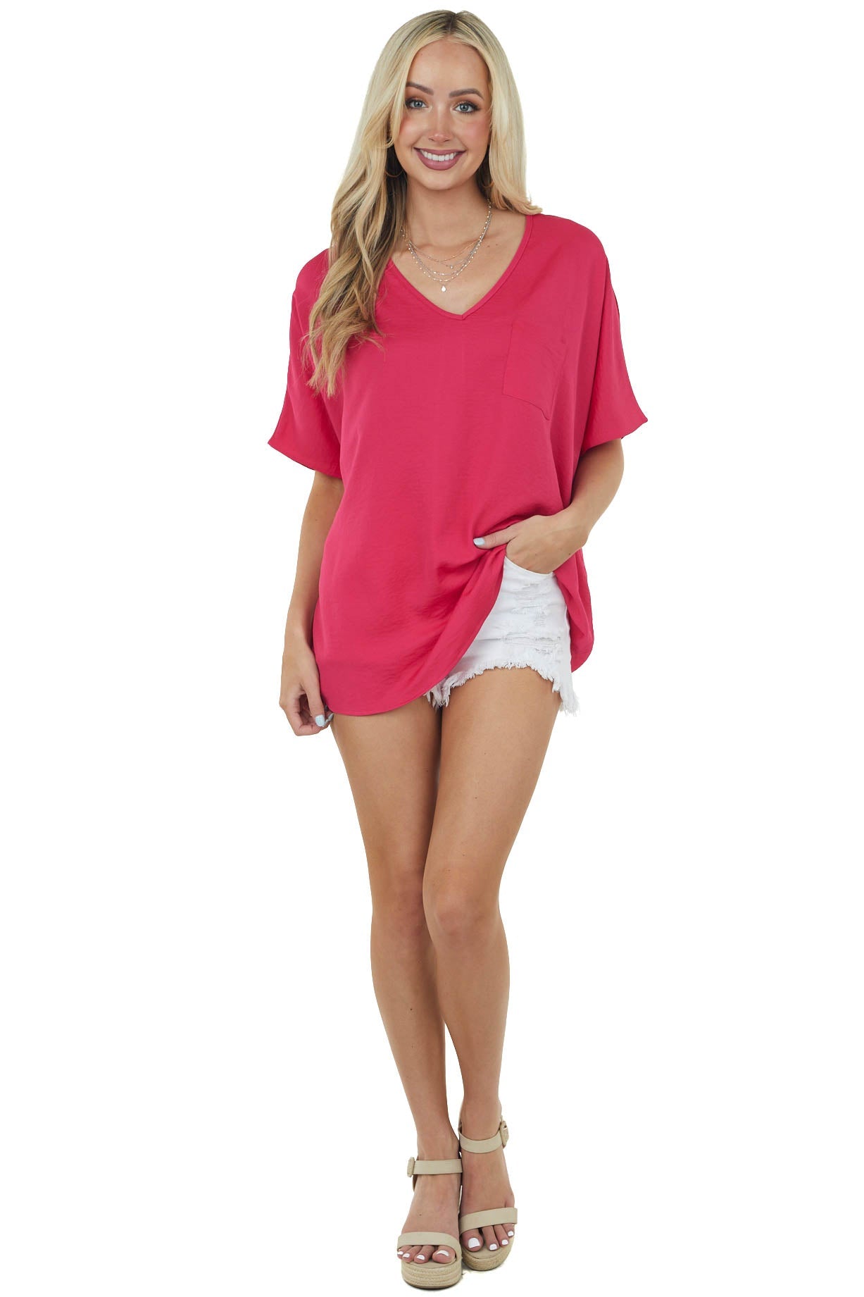 Hot Pink Oversized Chest Pocket V Neck Blouse