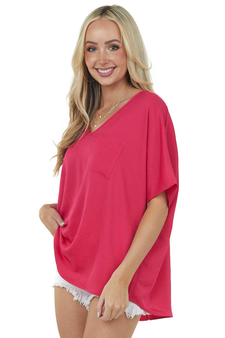 Hot Pink Oversized Chest Pocket V Neck Blouse