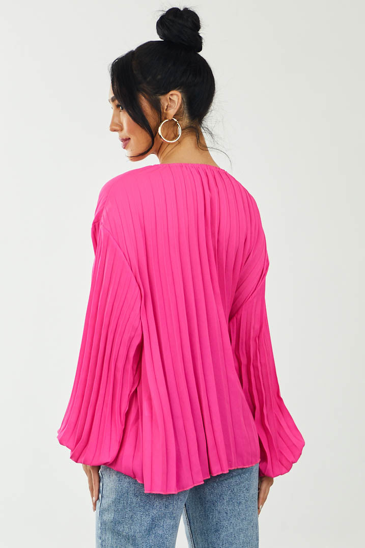 Hot Pink Pleated Notch Neck Bubble Sleeve Blouse
