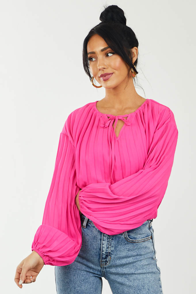 Hot Pink Pleated Notch Neck Bubble Sleeve Blouse