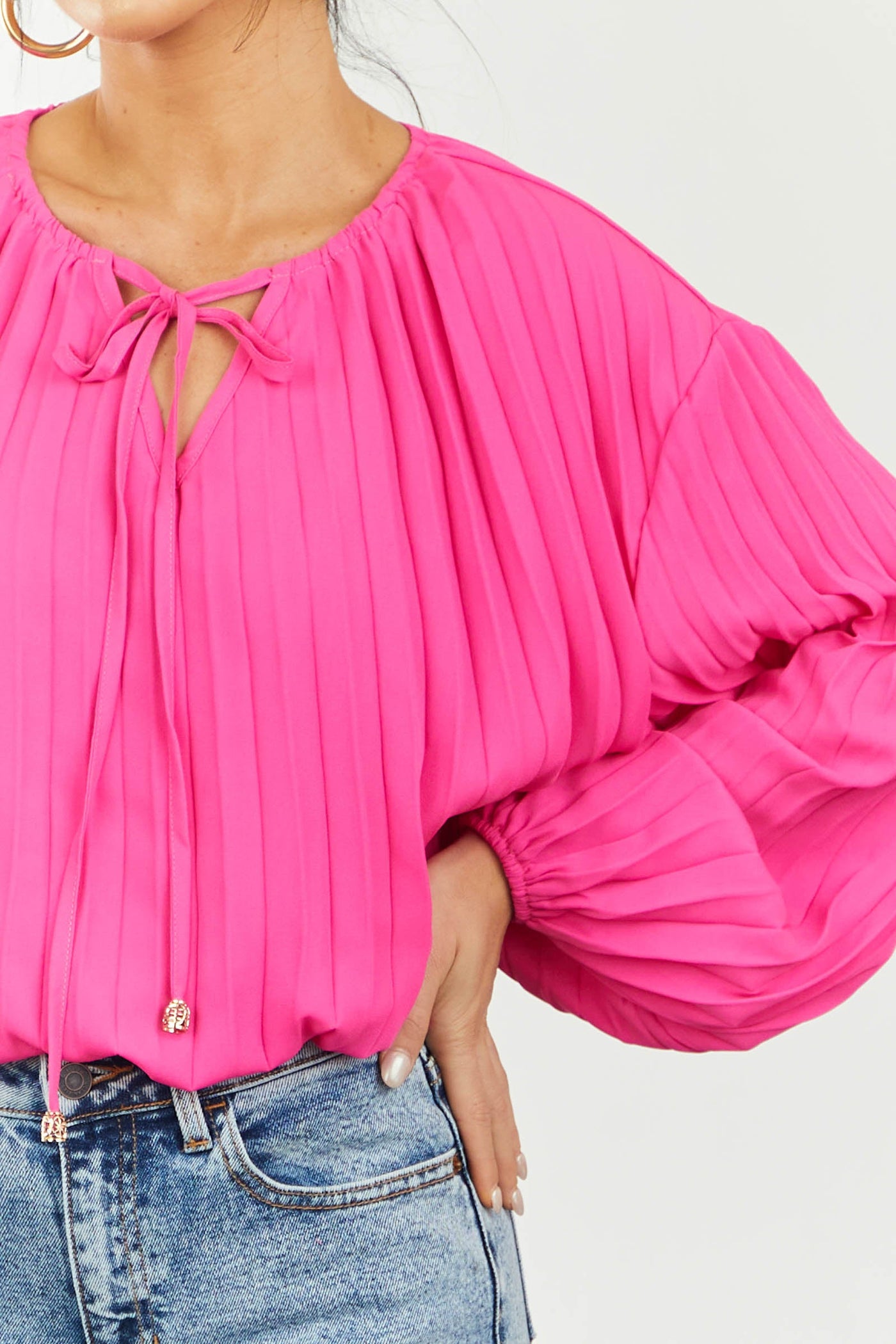 Hot Pink Pleated Notch Neck Bubble Sleeve Blouse