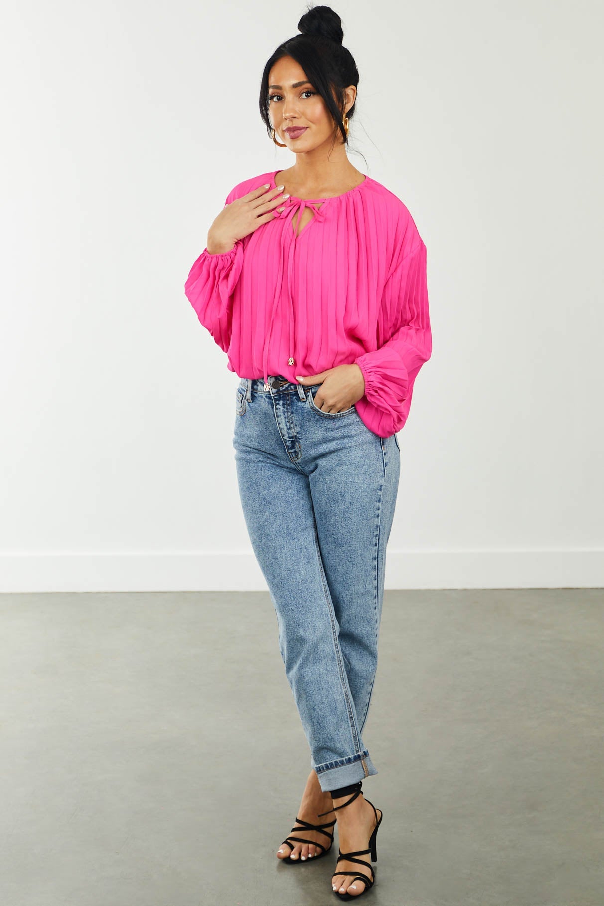 Hot Pink Pleated Notch Neck Bubble Sleeve Blouse