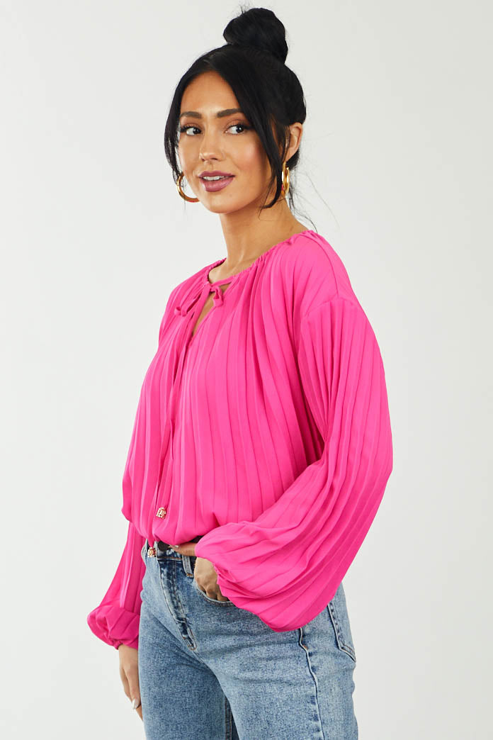 Hot Pink Pleated Notch Neck Bubble Sleeve Blouse