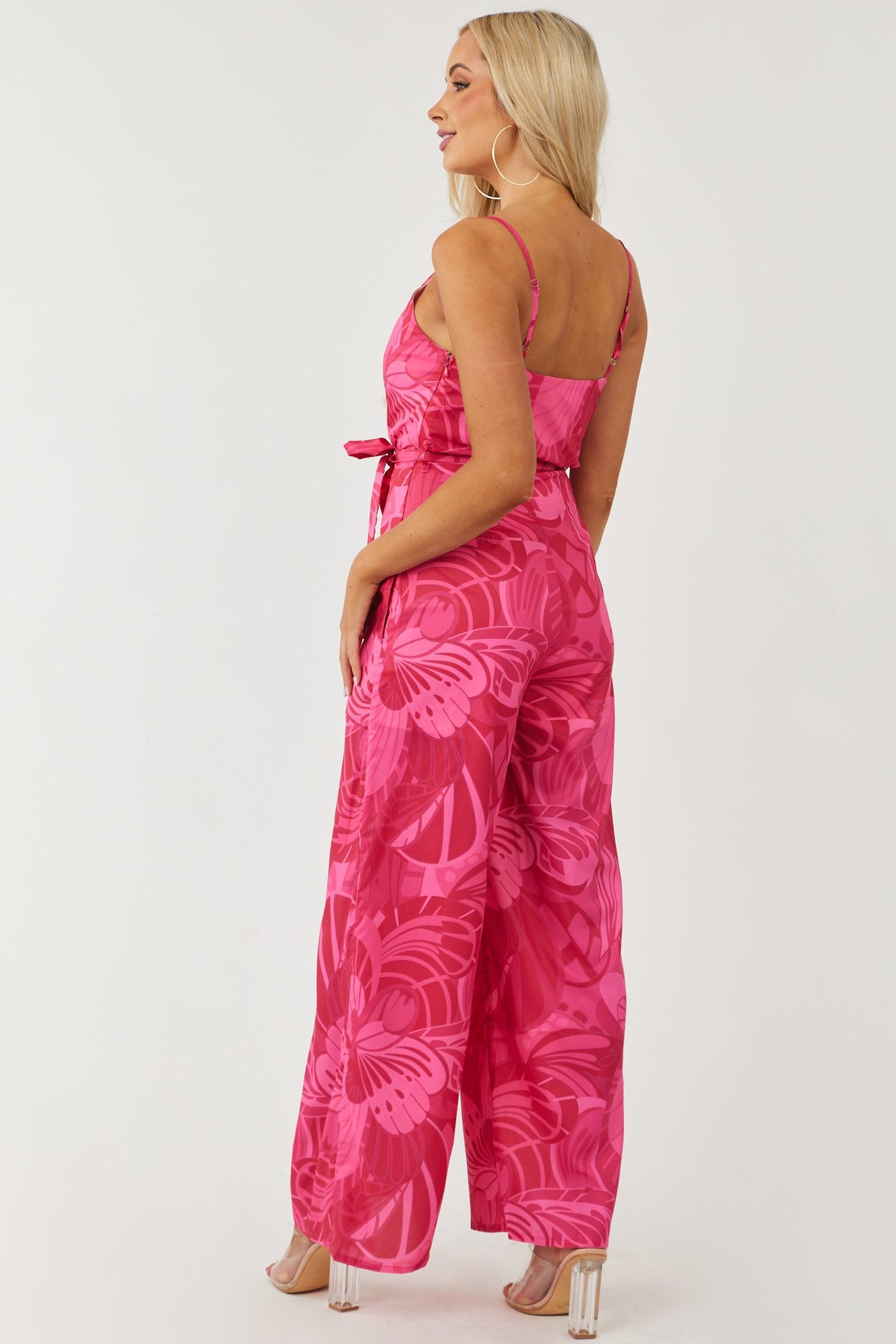 Hot Pink Printed Surplice Waist Tie Woven Jumpsuit