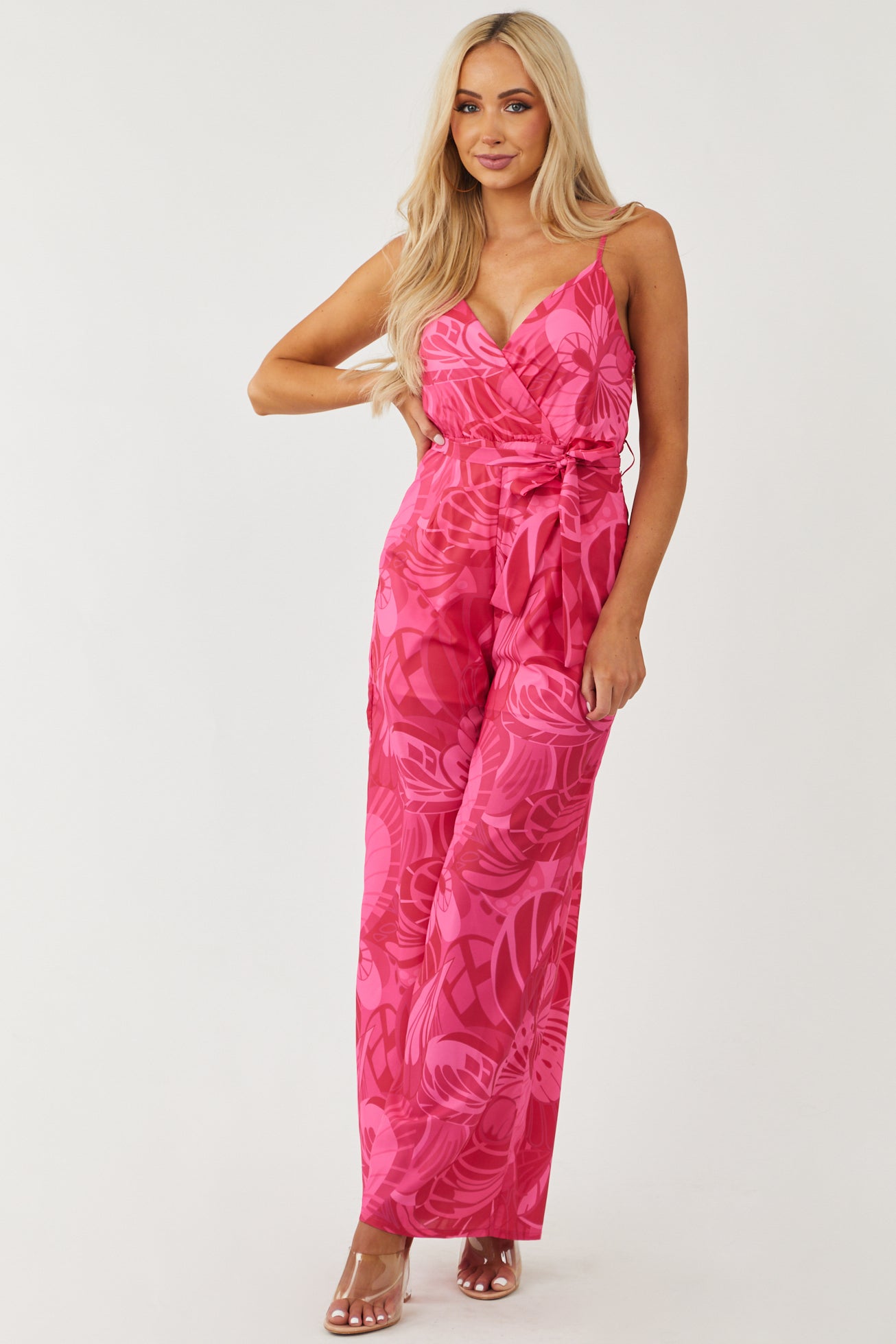 Hot Pink Printed Surplice Waist Tie Woven Jumpsuit