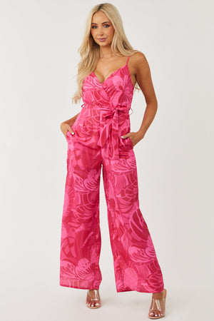 Hot Pink Printed Surplice Waist Tie Woven Jumpsuit
