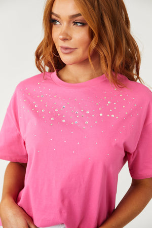Hot Pink Rhinestone Studded Short Sleeve Top