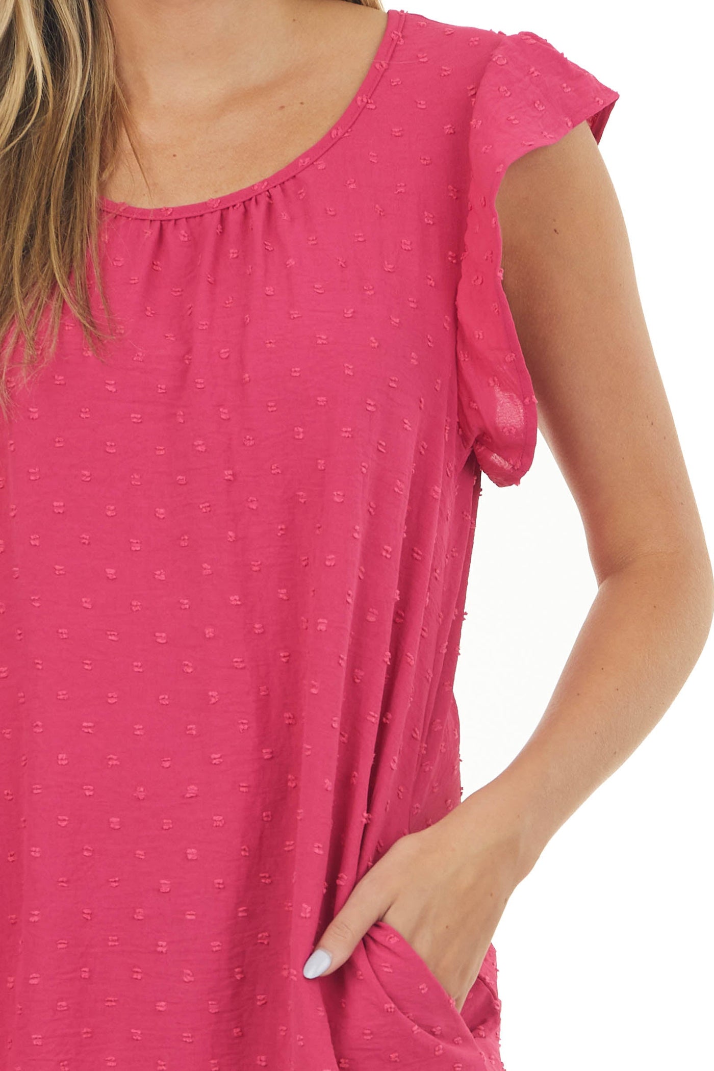 Hot Pink Ruffle Cap Sleeve Swiss Dot Dress