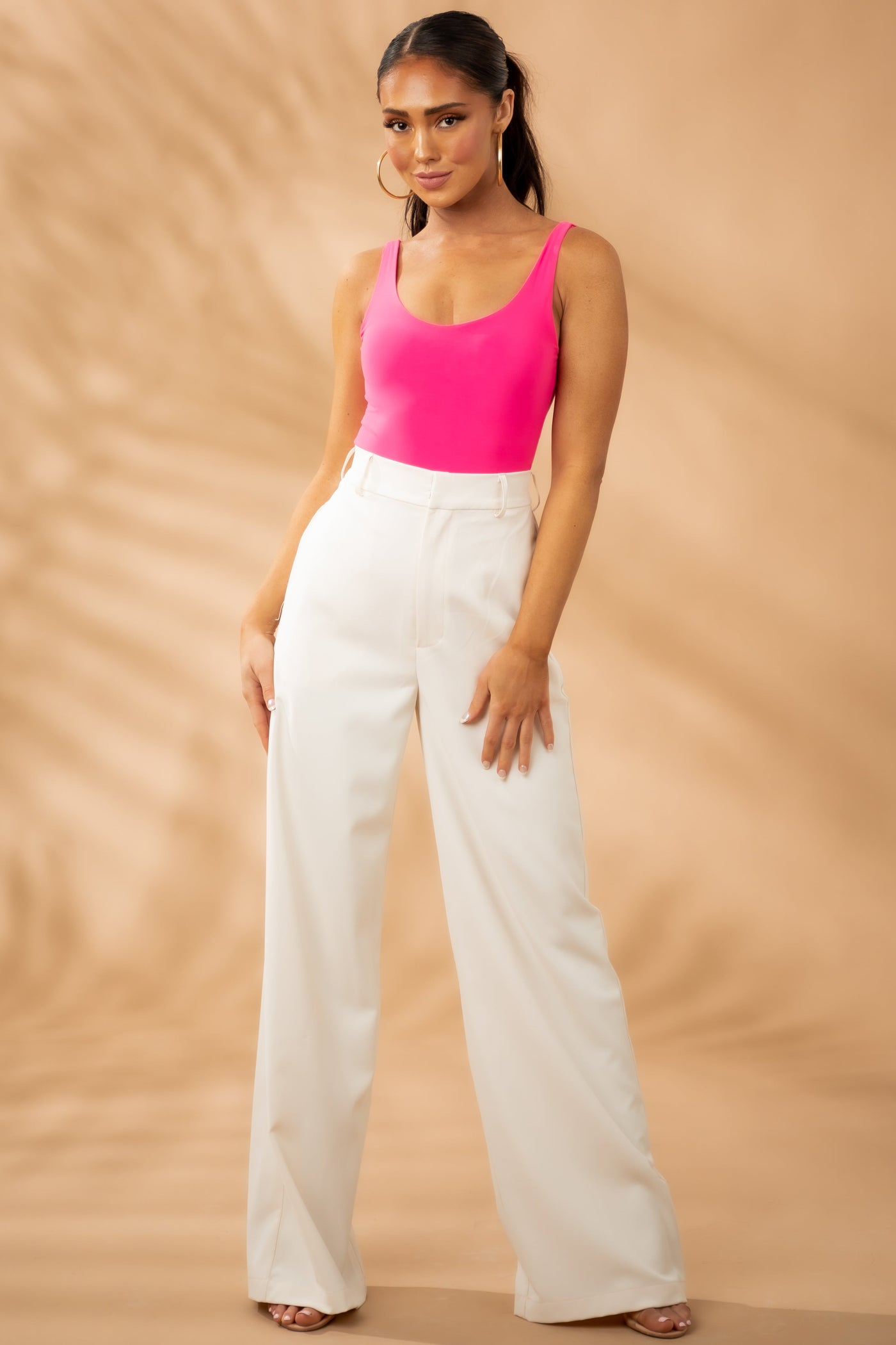 Hot Pink Scoop Neck Sleeveless Silky Knit Bodysuit