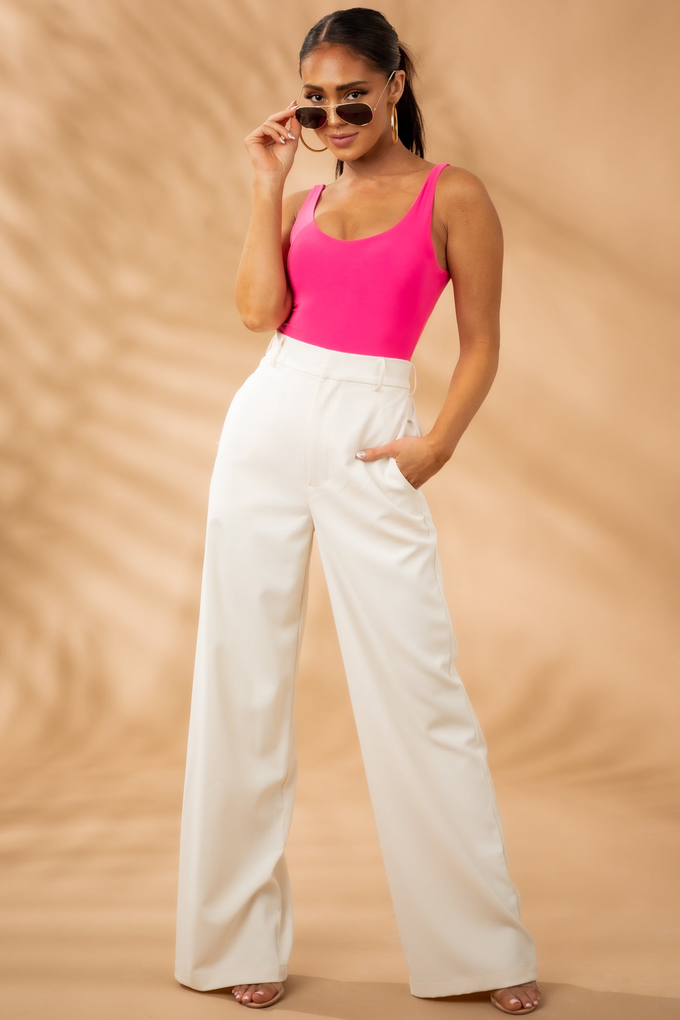 Hot Pink Scoop Neck Sleeveless Silky Knit Bodysuit