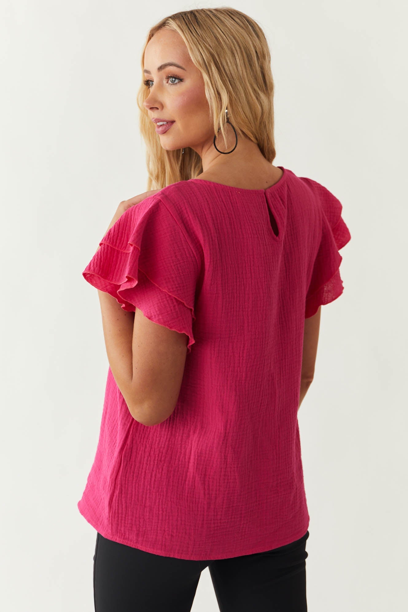 Hot Pink Short Ruffle Sleeve Cotton Top