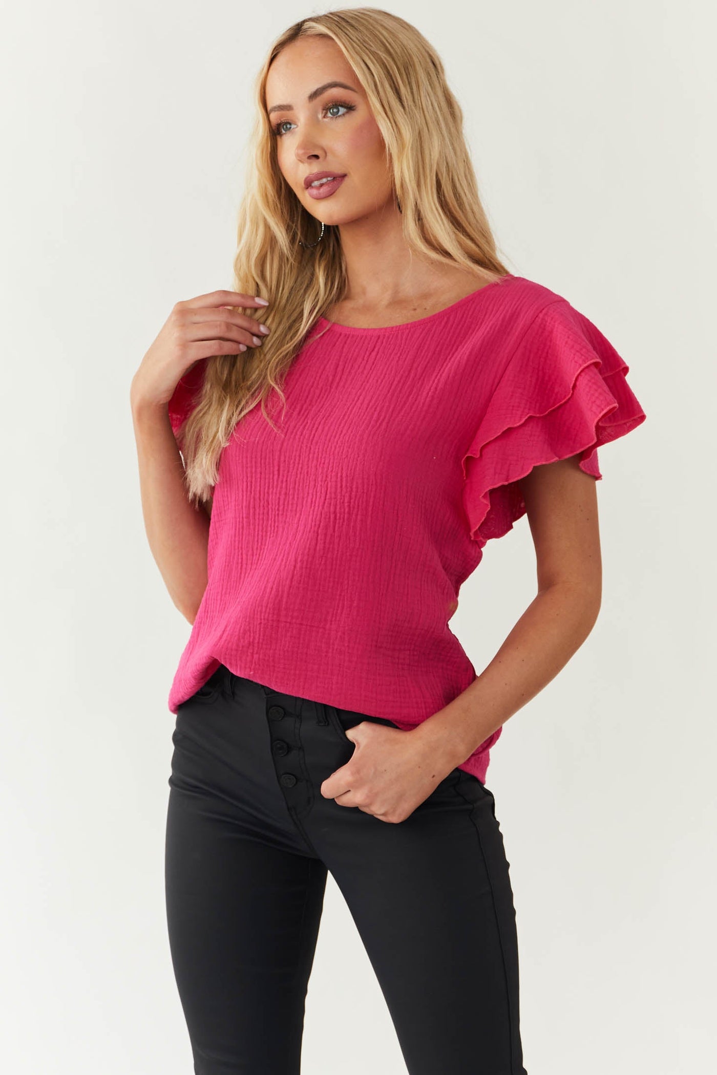 Hot Pink Short Ruffle Sleeve Cotton Top