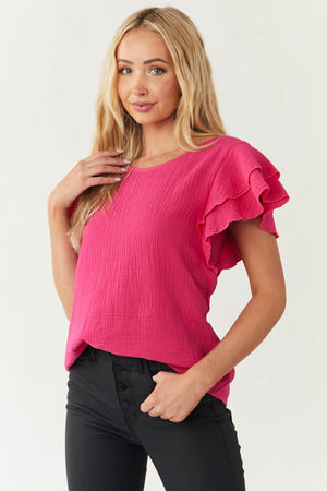 Hot Pink Short Ruffle Sleeve Cotton Top