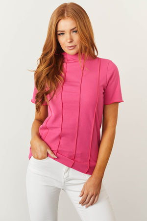 Hot Pink Short Sleeve Exposed Seam Knit Top
