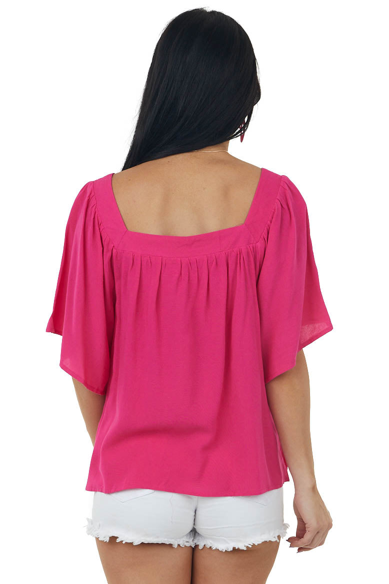 Hot Pink Square Neck Flutter Sleeve Woven Top